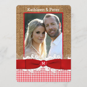 FAUX Burlap, Lace, Bow PHOTO Wedding Invite, Red 3 Invitation