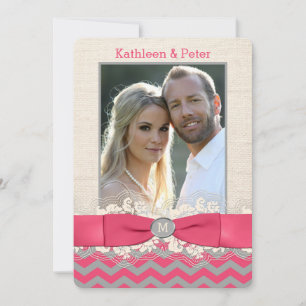 FAUX Burlap, Lace PHOTO Wedding Invite, Chevron 4 Invitation