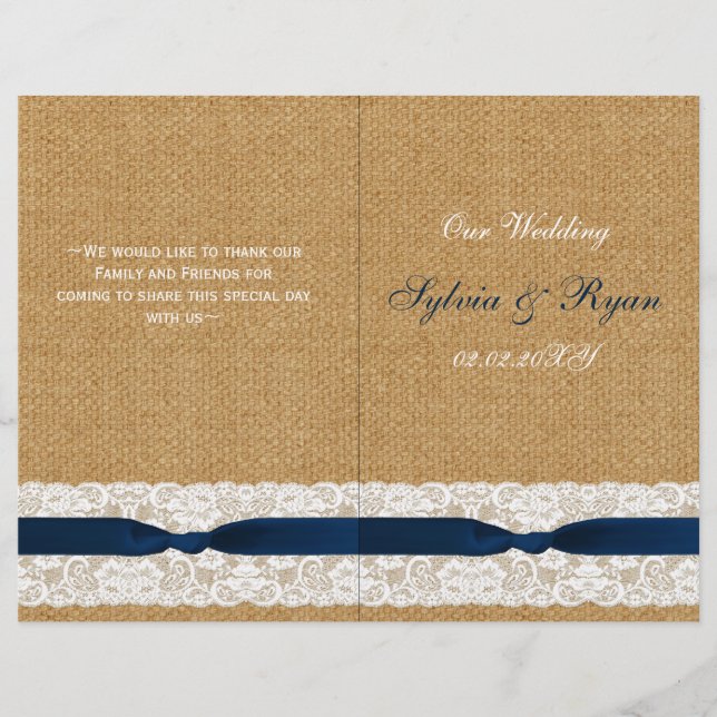 FAUX burlap lace, rustic wedding programs folded (Front)