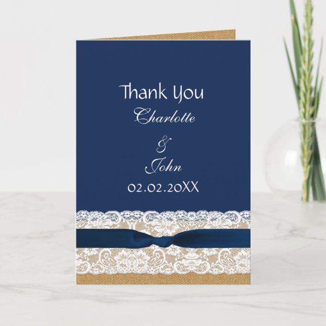FAUX burlap lace, rustic wedding Thank You Card (Front)