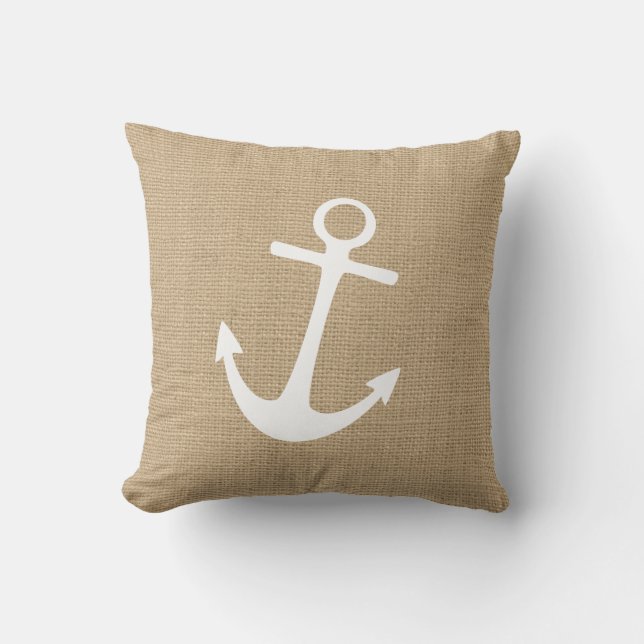 Faux Burlap Nautical Throw Pillow with Anchor (Front)