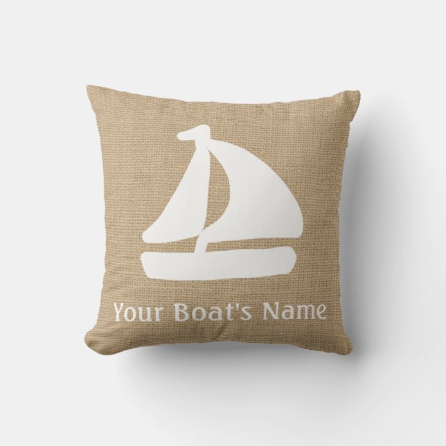 Faux Burlap Nautical Throw Pillow with Sail Boat (Front)