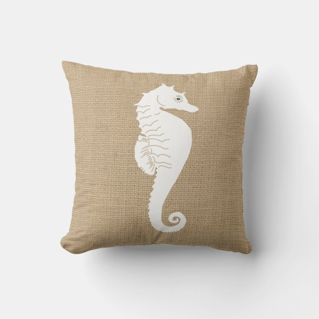 Faux Burlap Nautical Throw Pillow with Sea Horse (Front)