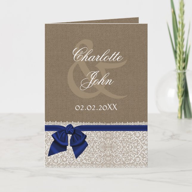 FAUX burlap, navy blue and white lace Thank You Card (Front)