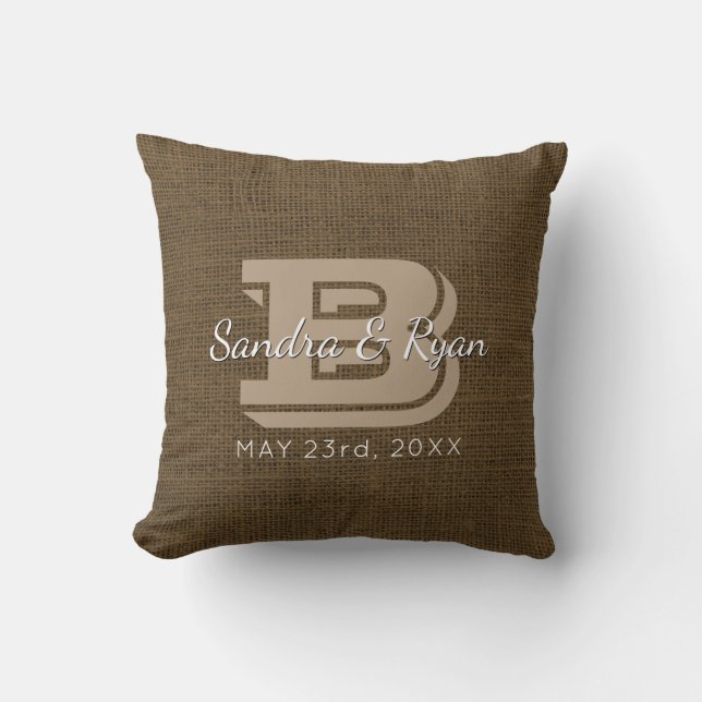 Faux Burlap Rustic Monogram Wedding Date Cushion (Front)