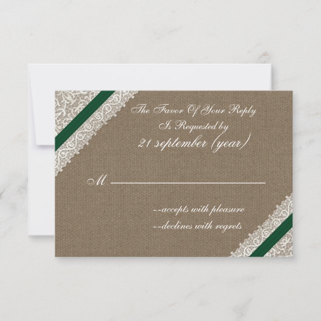 FAUX burlap with emerald green rsvp 3.5 x 5 Card (Front)