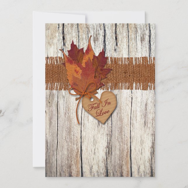FAUX Burlap, Wood, Leaves, Heart Wedding Invite 2 (Front)