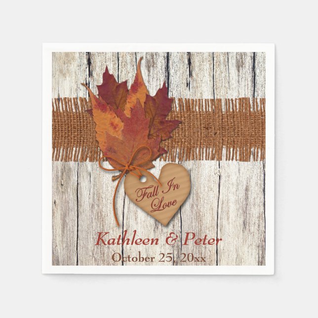 FAUX Burlap, Wood, Leaves, Heart Wedding Napkins (Front)