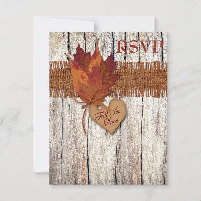 FAUX Burlap Wood Leaves Heart Wedding Reply Card (Front)