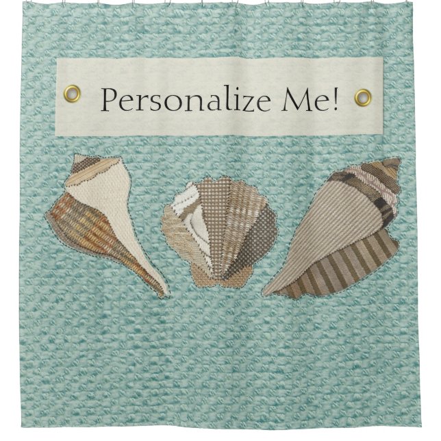 Faux Canvas Fabric Personalised Seashell Applique Shower Curtain (Front)