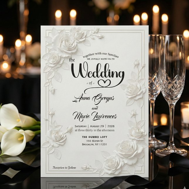 Faux Carved White Rose Bas Relief Floral Wedding  Invitation (Creator Uploaded)