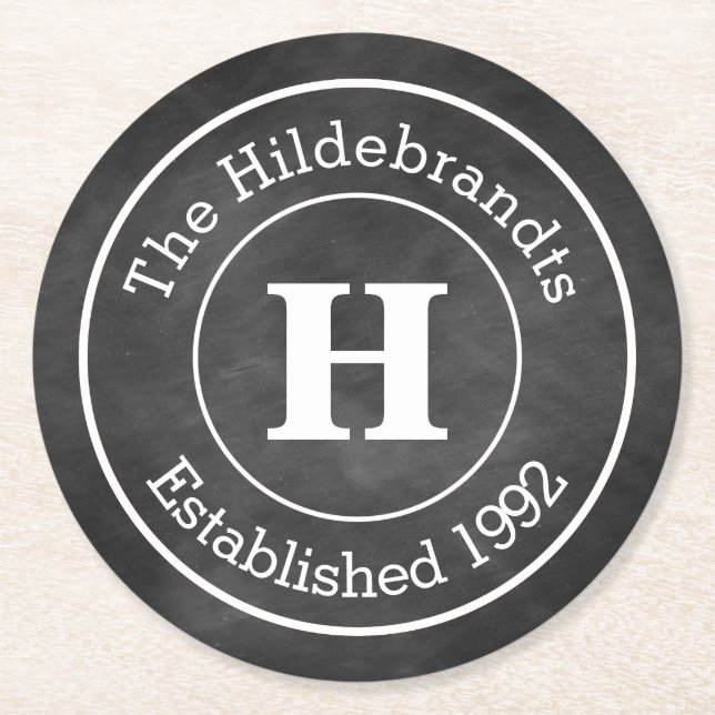 Faux Chalkboard Monogram Personalised Round Paper Coaster (Front)