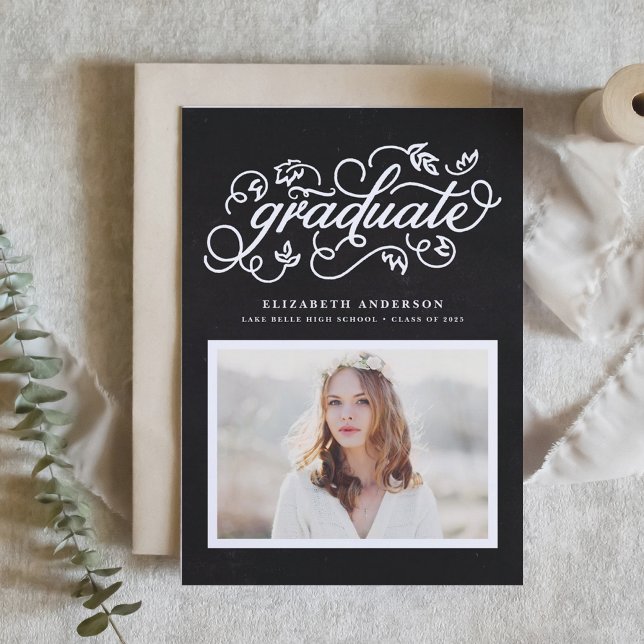 Faux Chalkboard Rustic Script Photo Graduation Announcement (Creator Uploaded)