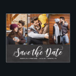 Faux Chalkboard Three Photo Collage Save the Date Announcement Postcard<br><div class="desc">Announce your wedding day with this country rustic three-photo collage save the date postcard. This customisable photo postcard features white modern calligraphy overlay with faux chalkboard background. This design is also available in other cards and colours.</div>