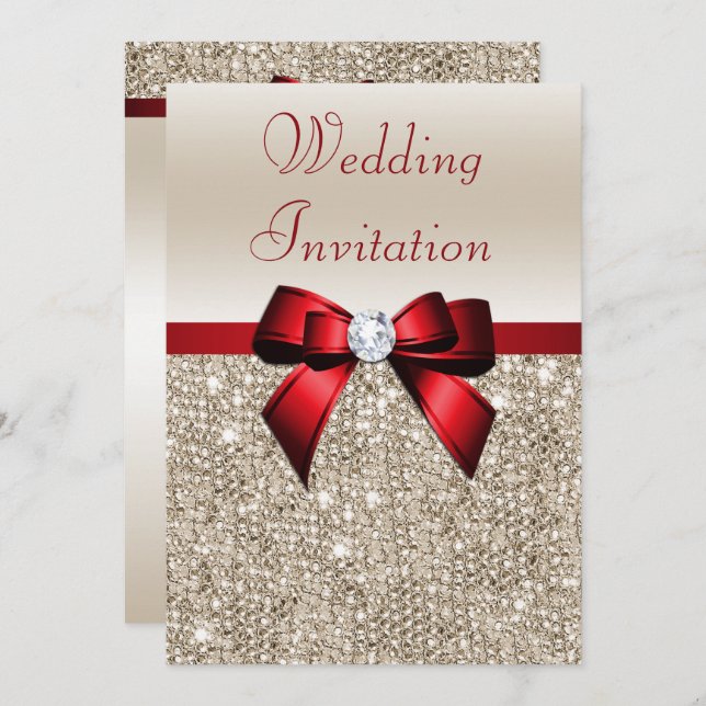 Faux Champagne Sequins Red Bow Wedding Invitation (Front/Back)
