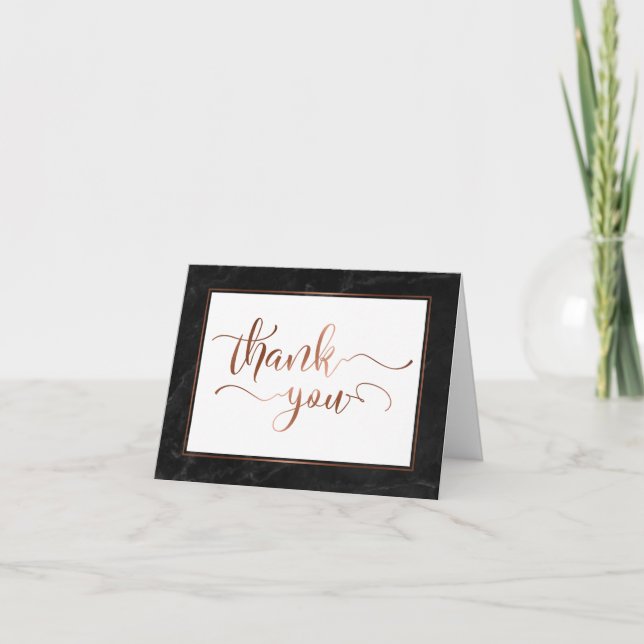 Faux Copper Foil Script Thank You & Black Marble Card (Front)