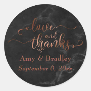 Faux Copper Love and Thanks Script w/ Black Marble Classic Round Sticker