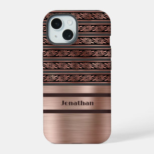 Faux Copper Rose Gold with Olive Raisin Damask iPhone 15 Case