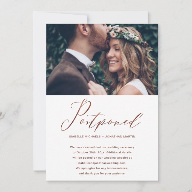 Faux Copper Wedding Postponement New Date Photo Announcement (Front)