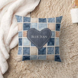 Faux Cream Denim Blue Jean Heart Cushion