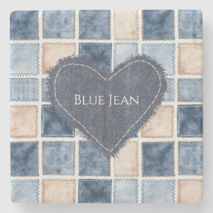 Faux Cream Denim Blue Jean Heart Stone Coaster