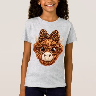 Faux Crochet Yarn Highland Cow Leopard Coquette  T-Shirt
