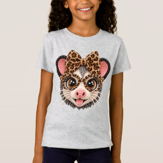 Faux Crochet Yarn Opossum Leopard Coquette Bow  T-Shirt
