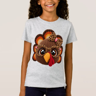 Faux Crochet Yarn Turkey with Leopard Coquette   T-Shirt