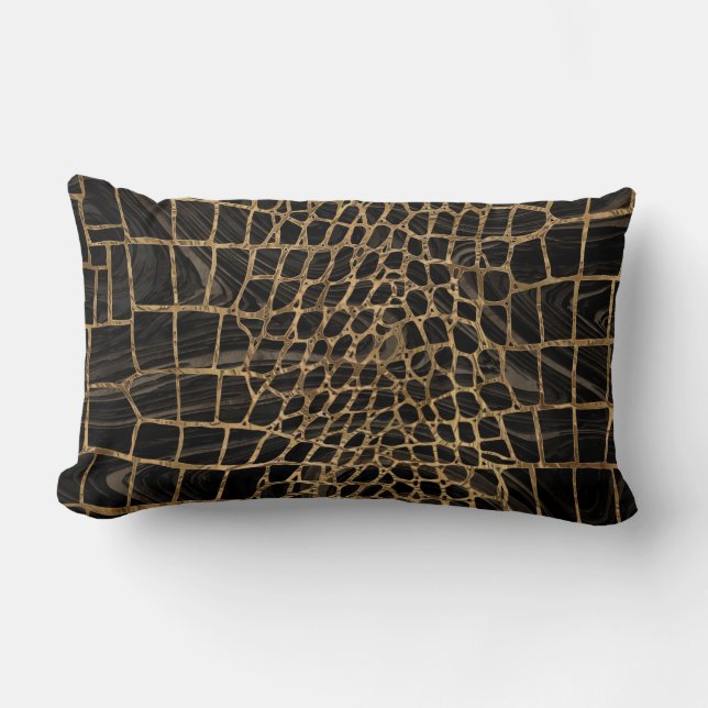 Faux Crocodile Black Liquid Marble and gold Lumbar Cushion (Front)