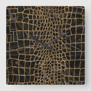 Faux Crocodile Black Liquid Marble and gold Square Wall Clock