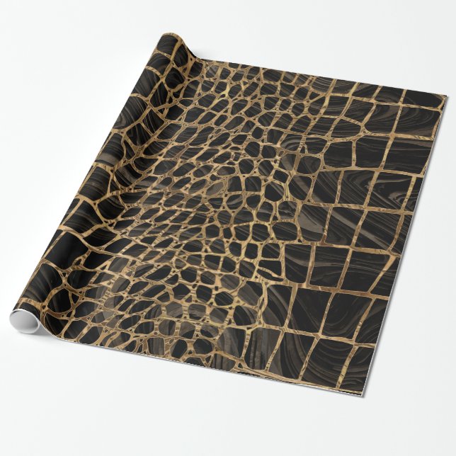 Faux Crocodile Black Liquid Marble and gold Wrapping Paper (Unrolled)