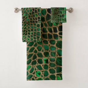 Faux Crocodile texture Malachite and gold Bath Towel Set