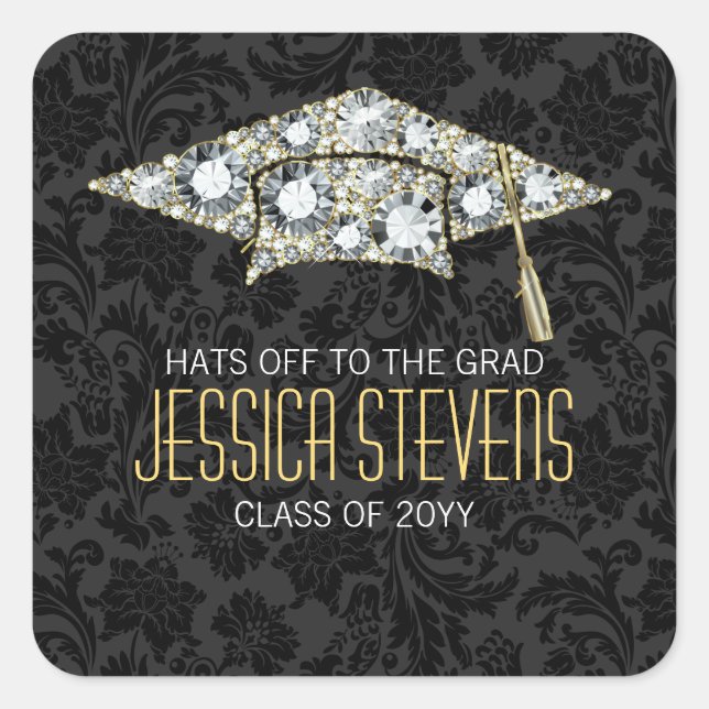 Faux Damions And Gold Graduation Hat 2b Square Sticker (Front)