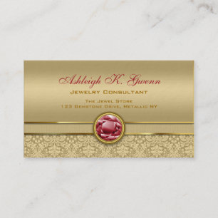 Faux Dark Ruby Red Gemstone Metallic Gold Damask Business Card