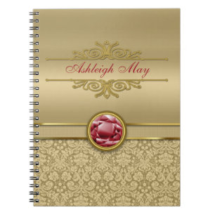 Faux Dark Ruby Red Gemstone Metallic Gold Damask Notebook