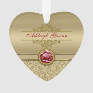 Faux Dark Ruby Red Gemstone Metallic Gold Damask Ornament