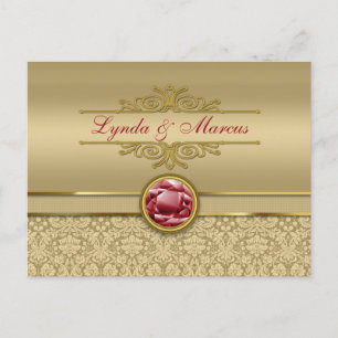 Faux Dark Ruby Red Gemstone Metallic Gold Damask Postcard