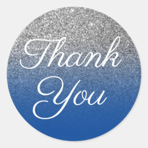 Faux Deep Blue Silver Glitter Thank You Classic Round Sticker