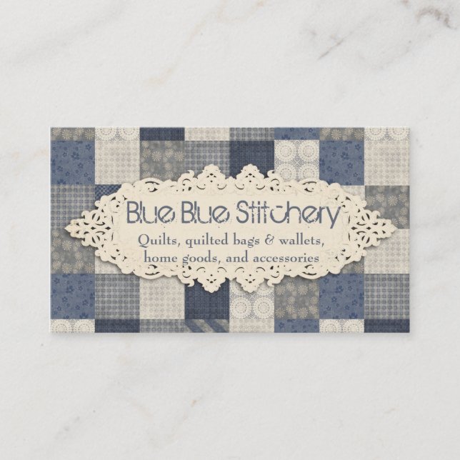 Faux denim blue cream quilting quilter pattern business card (Front)