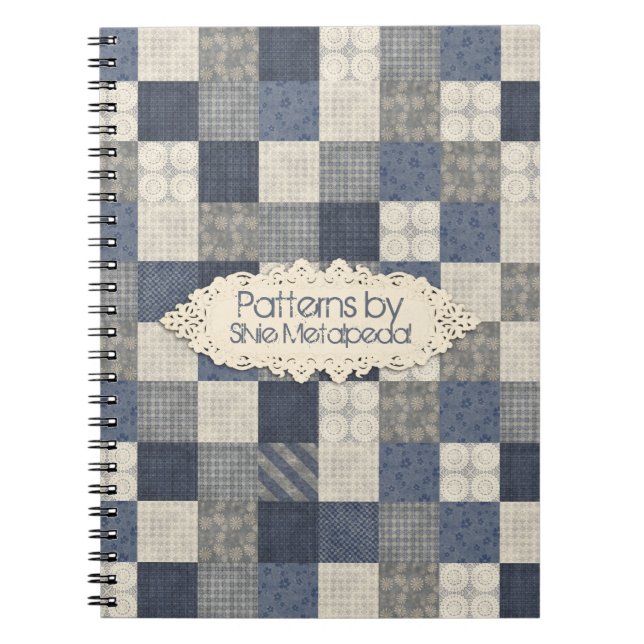 Faux denim blue cream quilting quilter pattern spiral notebook (Front)