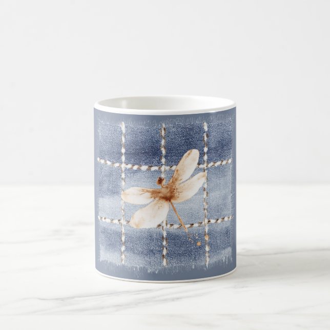 Faux Denim Blue Jeans Coffee Cream Dragonfly Mug (Center)