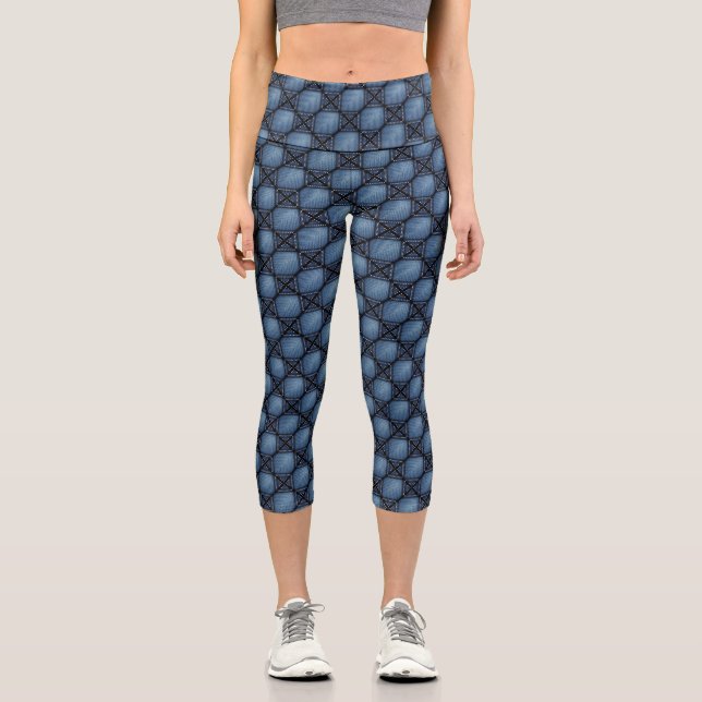 Faux Denim Diamond Pattern Capri Leggings (Front)