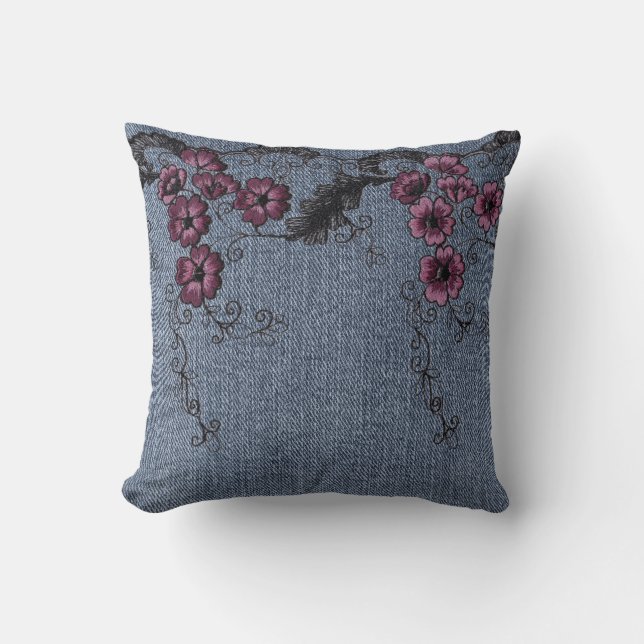 *~* Faux Denim Hand stitched Flowers Cushion (Front)