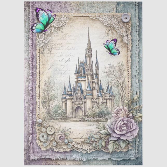 Faux Denim & Lace Fantasy Castle Decoupage Tissue Paper (Front)
