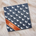 Faux Denim White Sitting Cats Bandana<br><div class="desc">Faux denim blue jean material with white sitting cats silhouette pattern.  Red orange banner on diagonal.  Personalise it with a name!</div>
