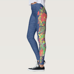 Faux Denim with Floral Panel Design Leggings