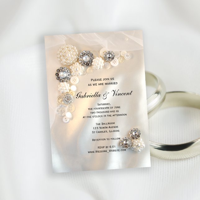 Faux Diamond and White Pearl Buttons Wedding Invitation (Creator Uploaded)