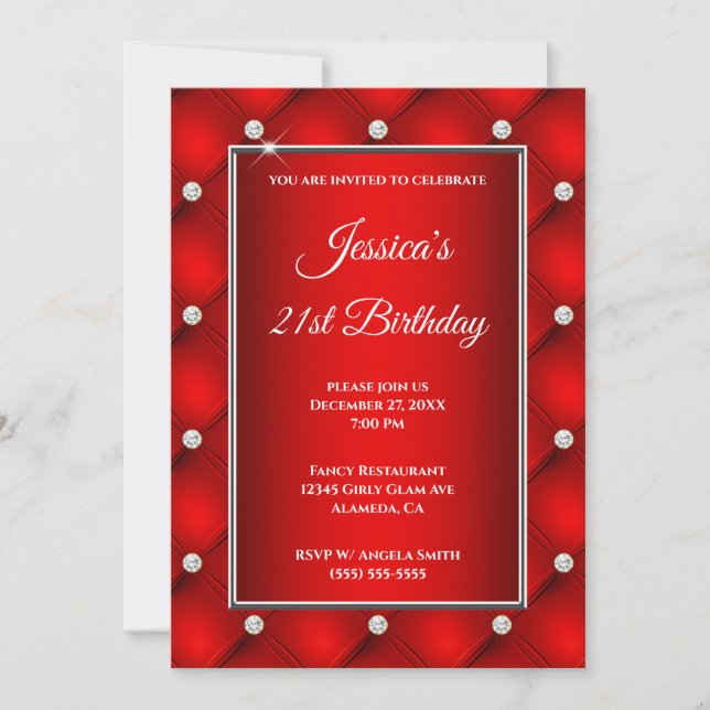 Faux Diamond Tufted Bright Red Ombre 21st Birthday Invitation (Front)