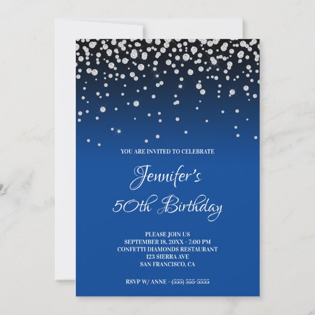 Faux Diamonds and Bright Blue Ombre 50th Birthday Invitation (Back)