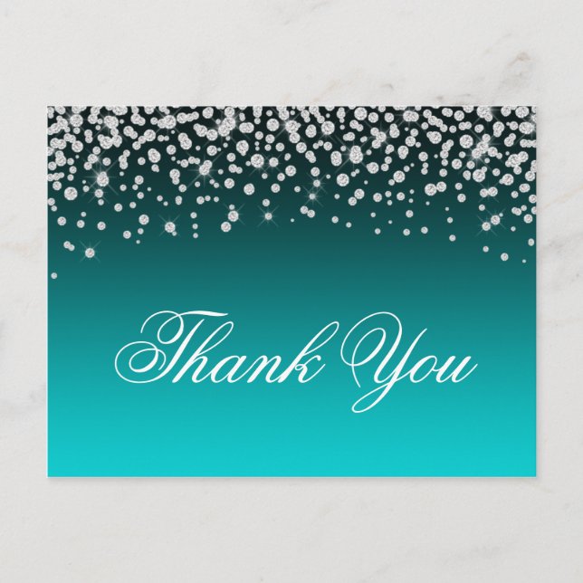 Faux Diamonds Teal and Turquoise Ombre Thank You Postcard (Front)